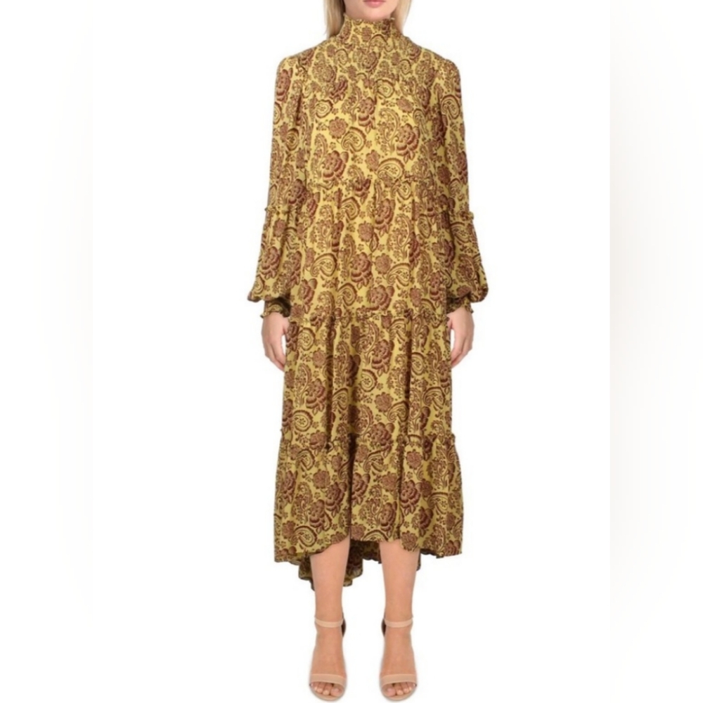 Cinq à Sept Yellow and Brown Long Sleeve Dress